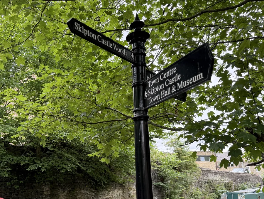 Skipton town centre signpost to the castle, town hall and museum