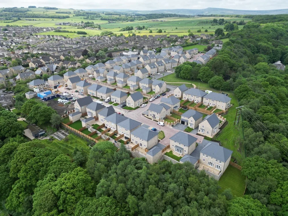 Aerial drone view of a Bond Brickwork housing development