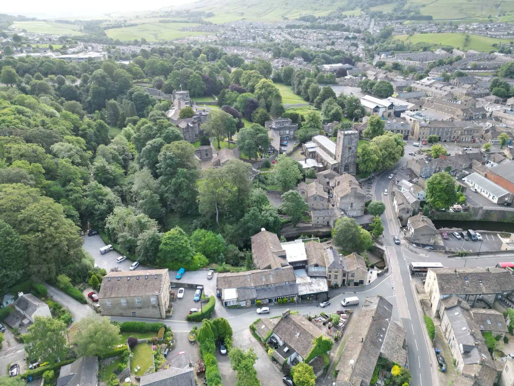Aerial view over Skipton showing High Corn Mill, the castle and the church